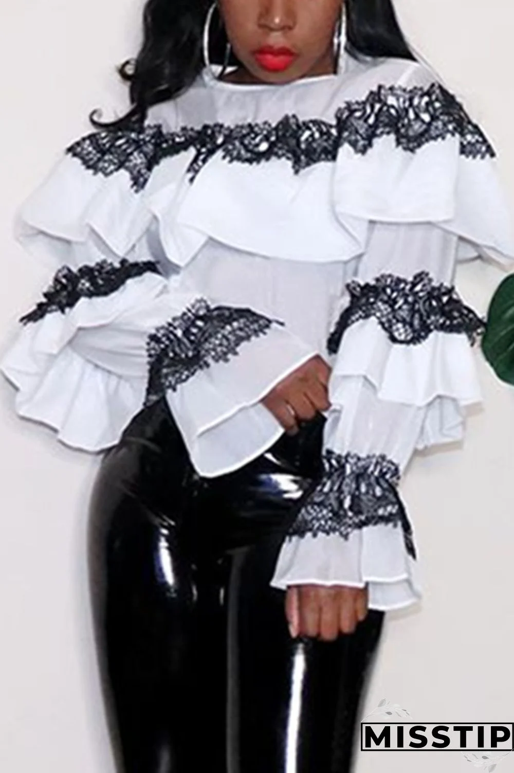 White O Neck Long Sleeve ruffle Solid Patchwork Tees & T-shirts
