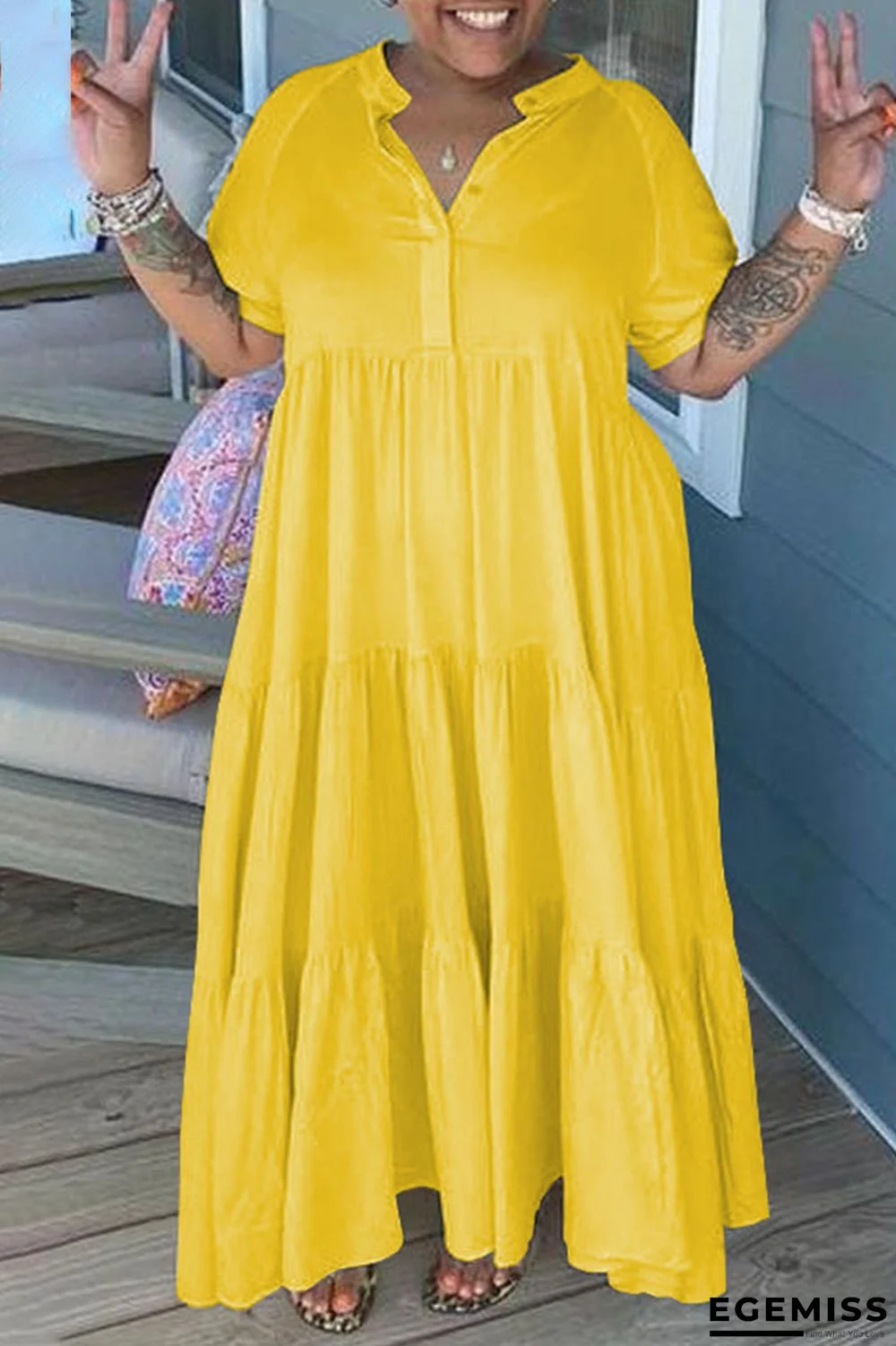 Yellow Casual Solid Patchwork Fold Turndown Collar Straight Plus Size Dresses | EGEMISS