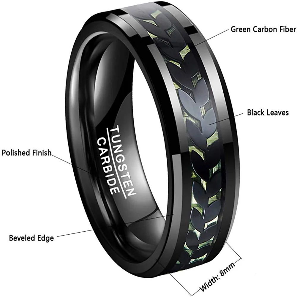 6MM 8MM Unisex Leaves and Carbon Fiber Inlay Black and Green Tungsten Matching Carbide Rings Men Women Couple