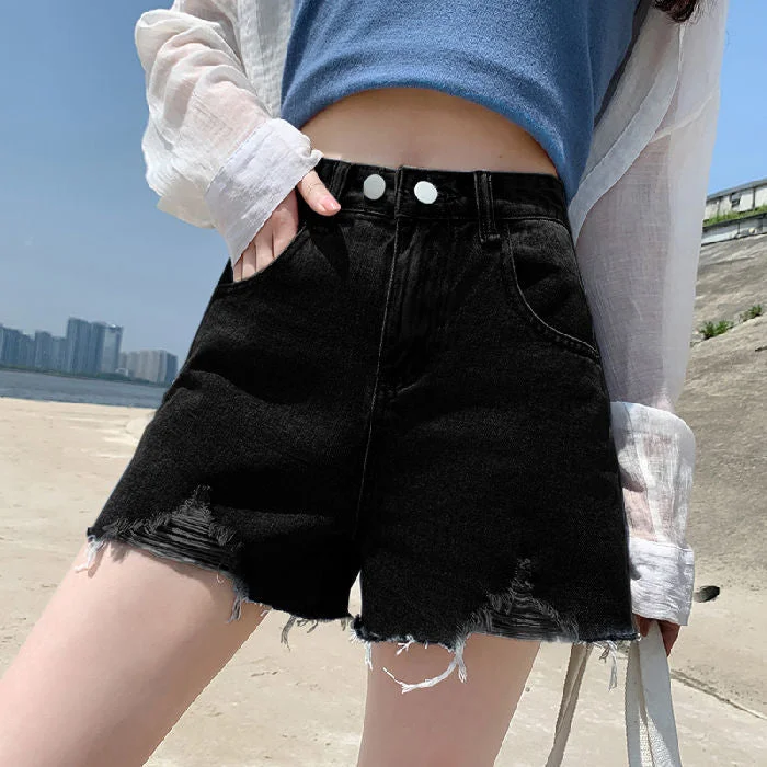 Ailegogo 2021 New Summer Women High Waist Denim Shorts Retro Streetwear Female Loose Blue Hole Jeans Shorts