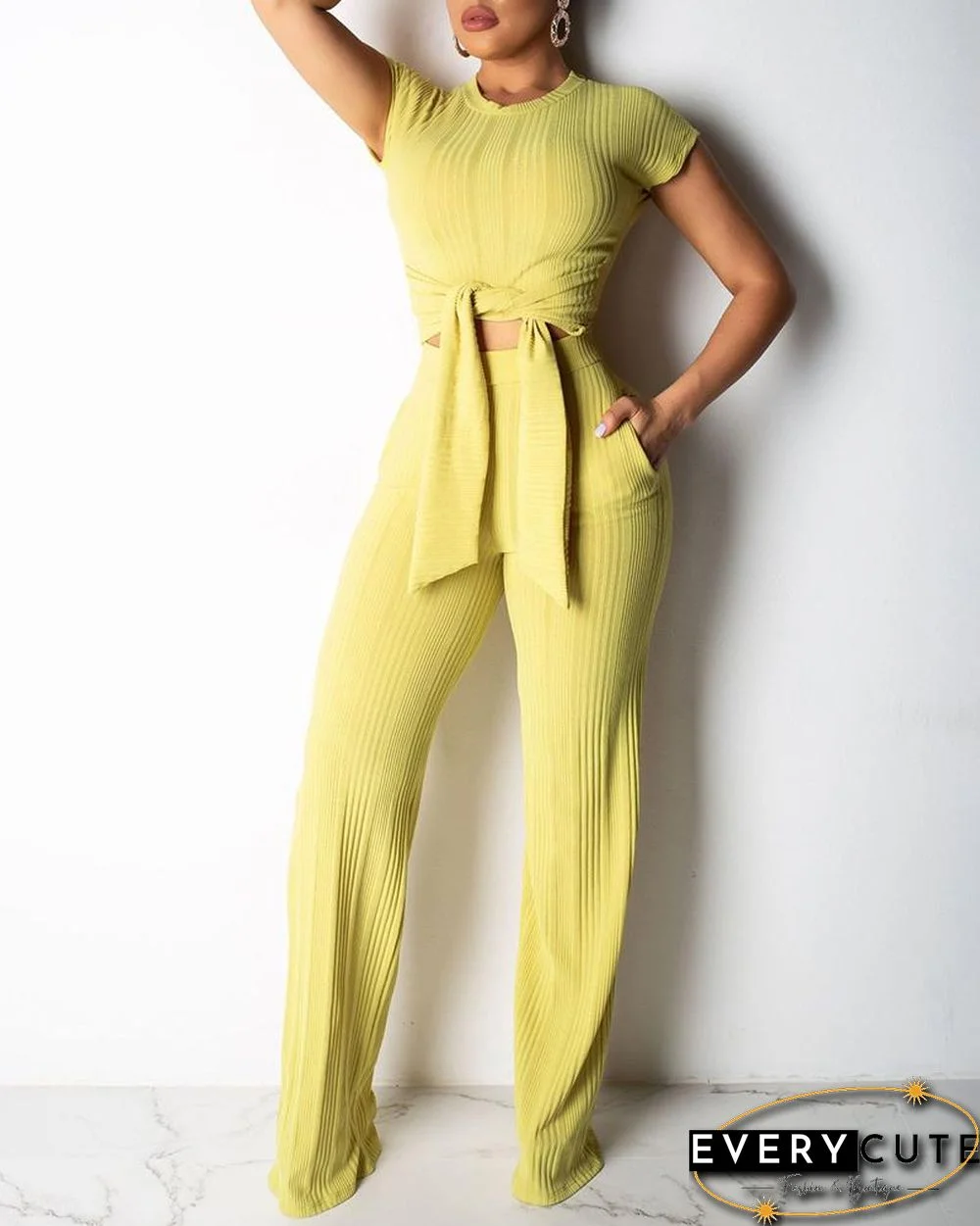 Knot Front Crop Top & Wide Leg Pants Set P12941