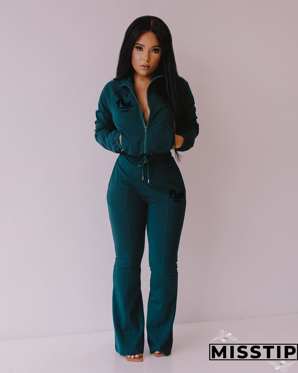 Sportswear Zipper Jacket Flare Pants Matching Sets