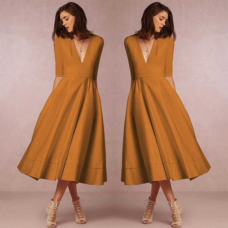 Gathered Half Sleeve A-Line Cocktail Midi Dress