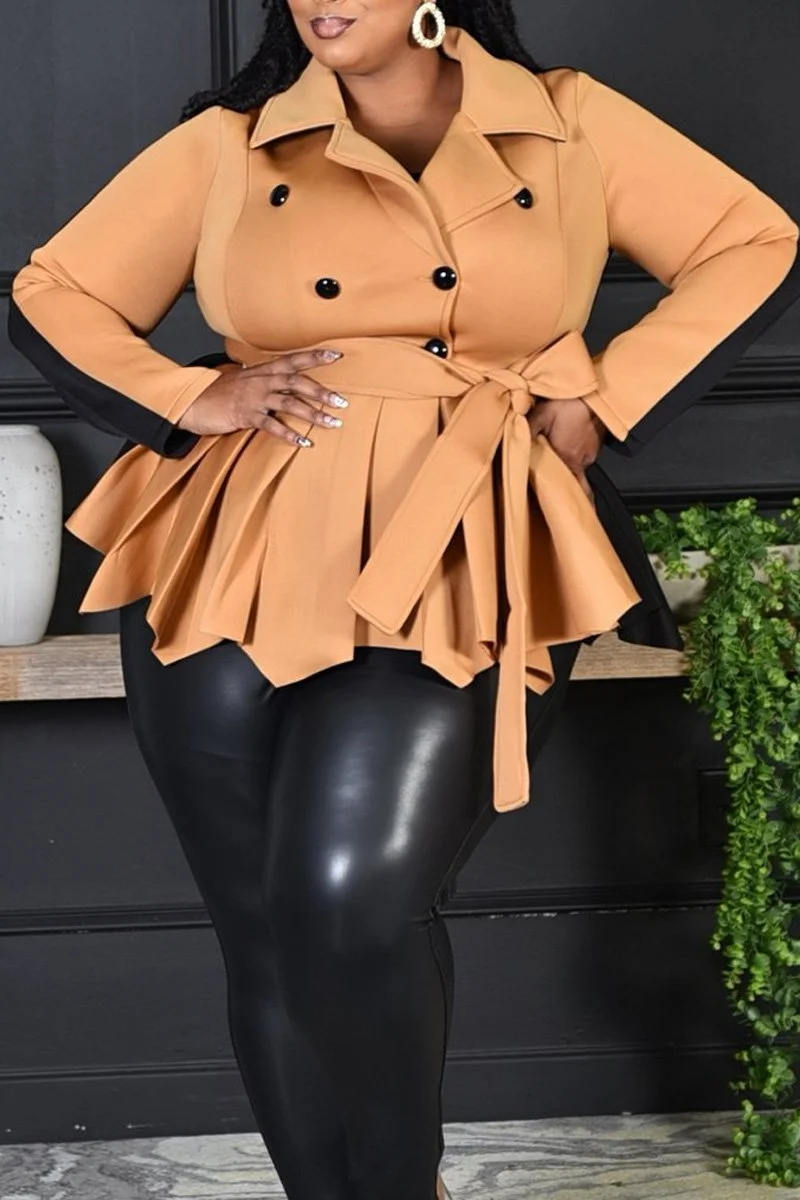 Khaki Sweet British Style Solid Split Joint Turn-back Collar Long Sleeve Dress Plus Size Dresses