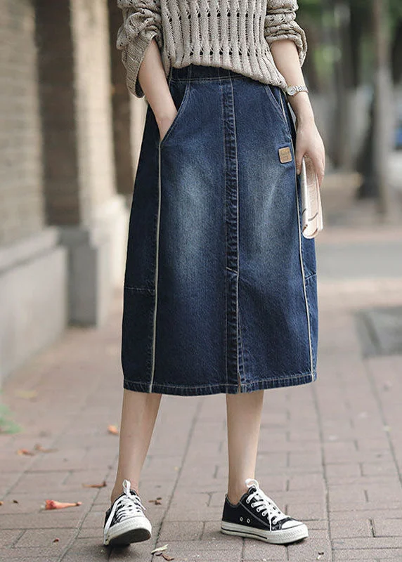 Fashion Denim Blue High Waist Pockets Patchwork Side Open Cotton Skirts Cozy