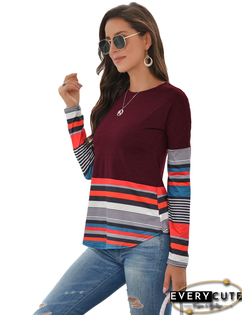 Wine Red Striped Colorlock Long Sleeve Top