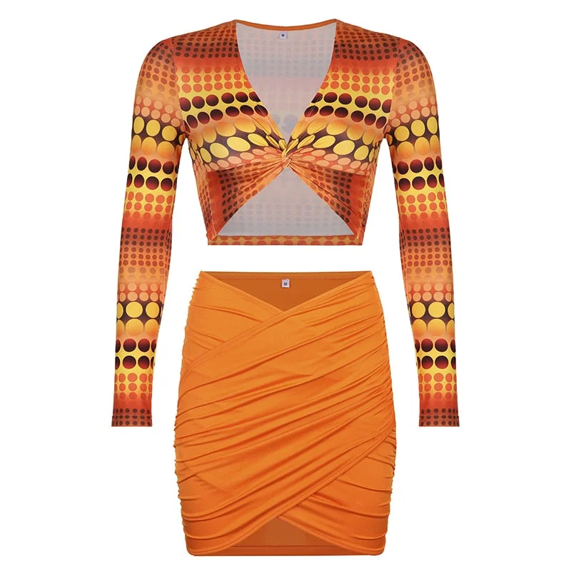 BIIKPIIK Sexy 2-piece Set Women Cross V neck Spring Long Sleeve T-shirts + Mini Skirts Club Party Vaction Stretchy Matching Suit