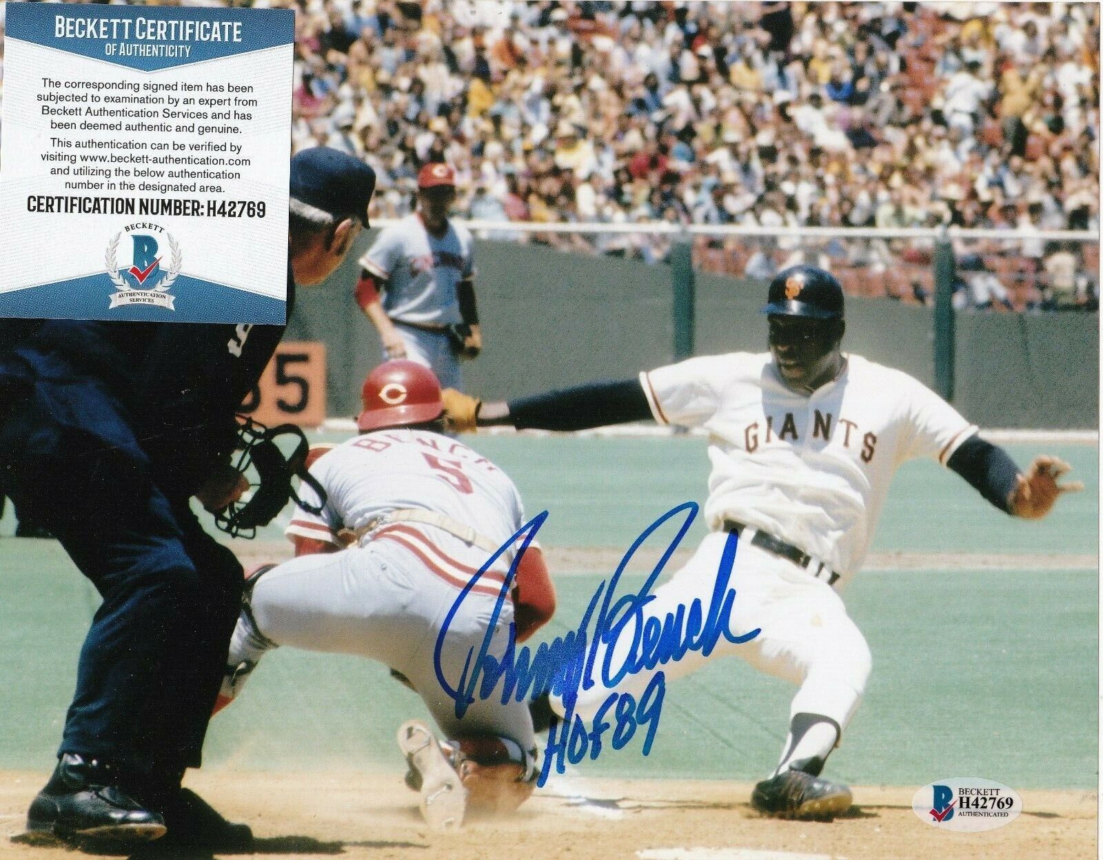 JOHNNY BENCH CINCINNATI REDS HOF 89 W/ MCCOVEY ACTION SIGNED 8x10