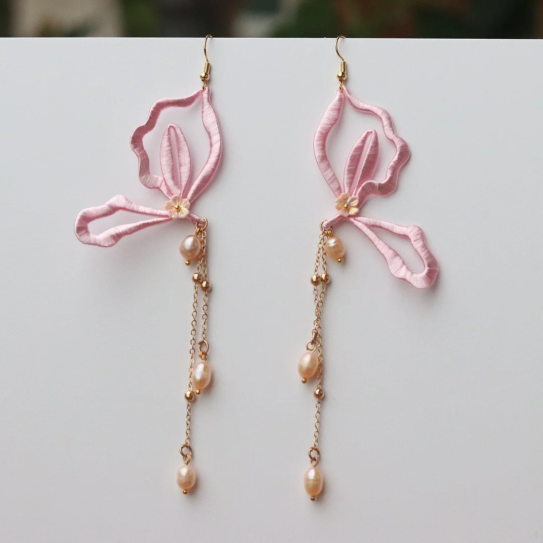 Wrapped Silk Pearl Antique Hanfu Tassel Butterfly Earrings