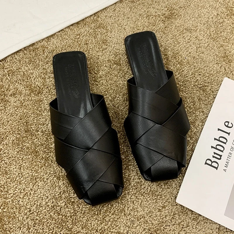 Shoes Loafers Woman's Slippers Luxury Slides Low Square Toe Mules For Women 2020 New Designer Summer Cover Flat Buckle Strap