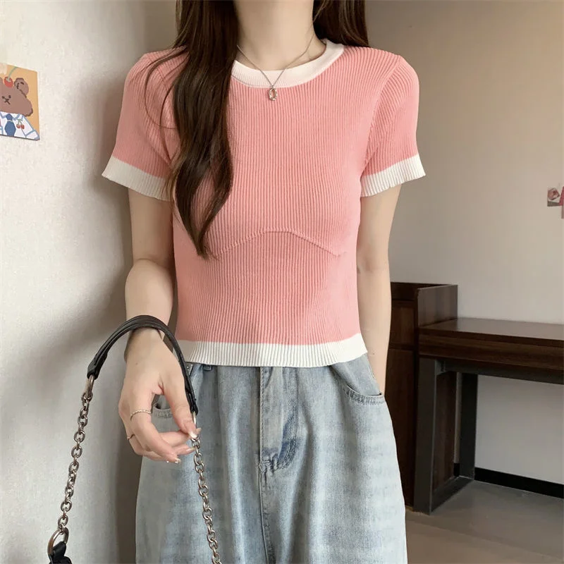 Uveng Uveng Clamming Color Splicing T-Shirts For Women's New Summer Fashion Slimming Thin-Sleeved Ice Silk Short-Sleeved Top Tide