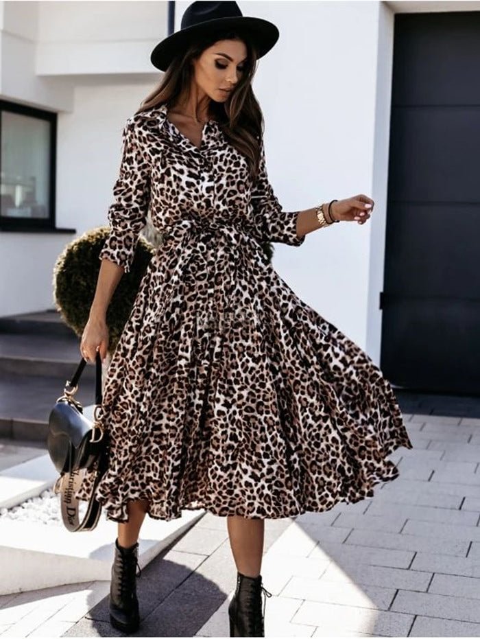 Women 's Leopard Print Long Sleeve Midi Dress