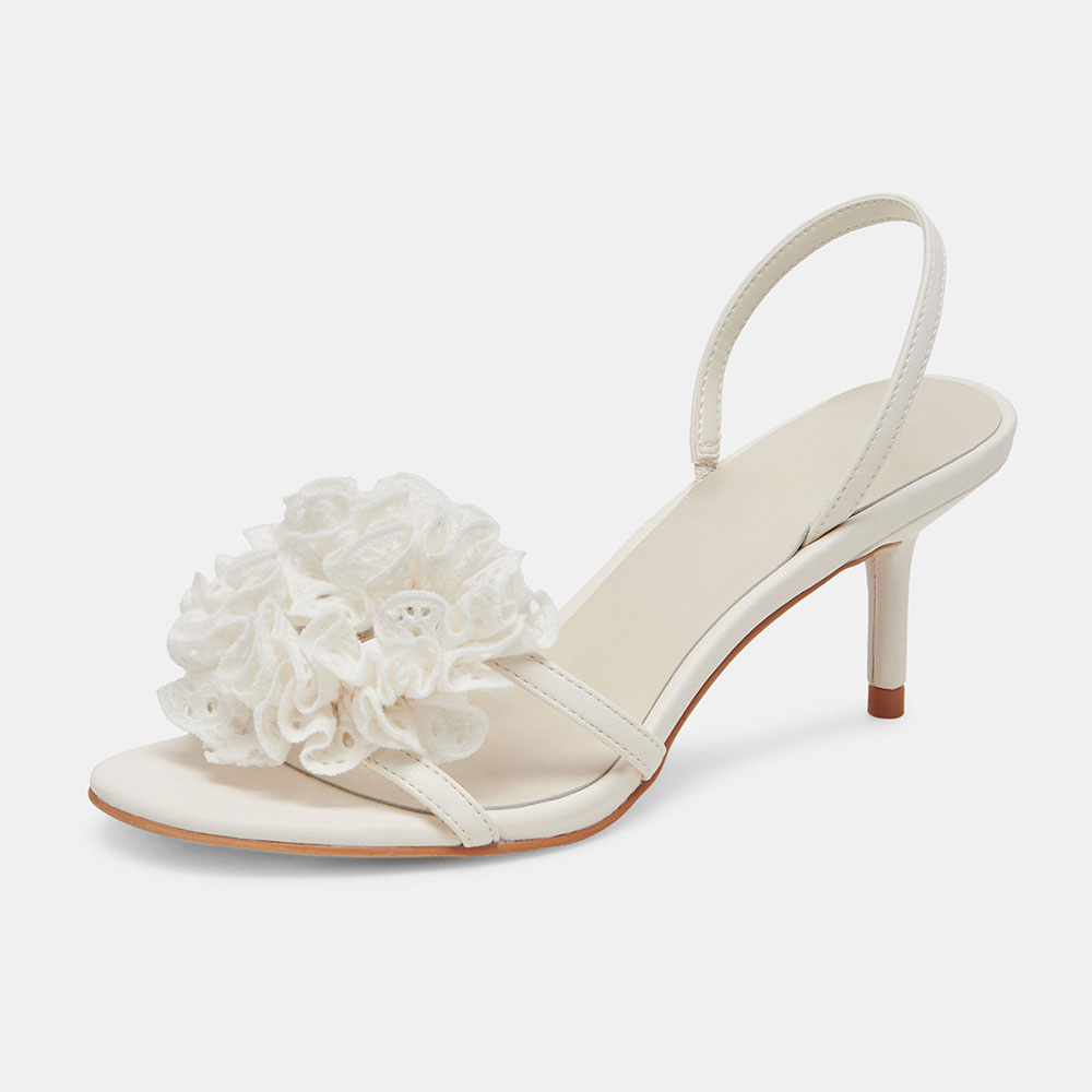 White Open-Toe Slingback Stiletto Heels with Lace Floral Design Nicepairs