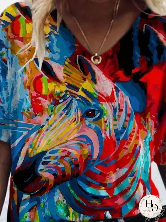 Animal Printed V-neck T-shirt