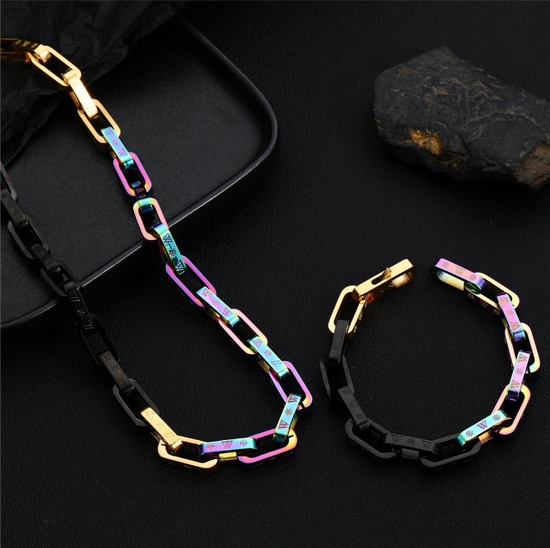 Titanium Steel Hip-Hop Polishing Chain Color Block Bracelets Necklace4