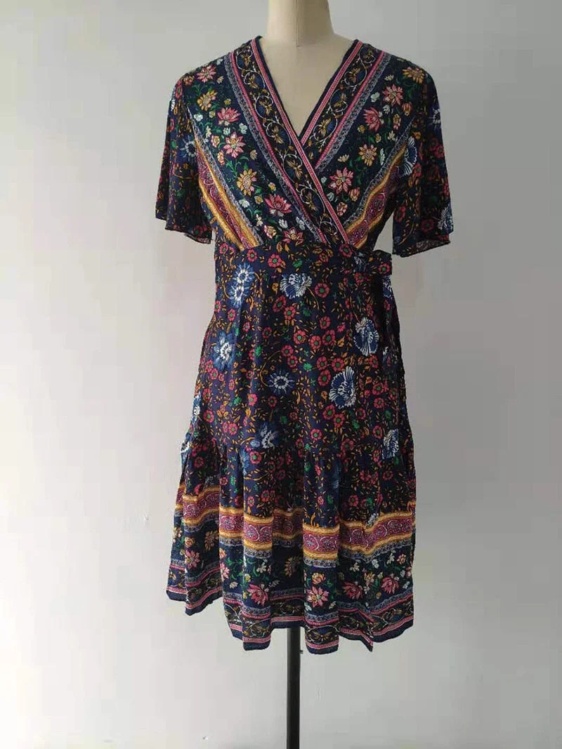 Fitshinling Deep V Neck Summer Wrap Dress Print Floral Sexy Pareo Beach Wear Bohemian Slim Sexy Robe Holiday Short Dresses Women