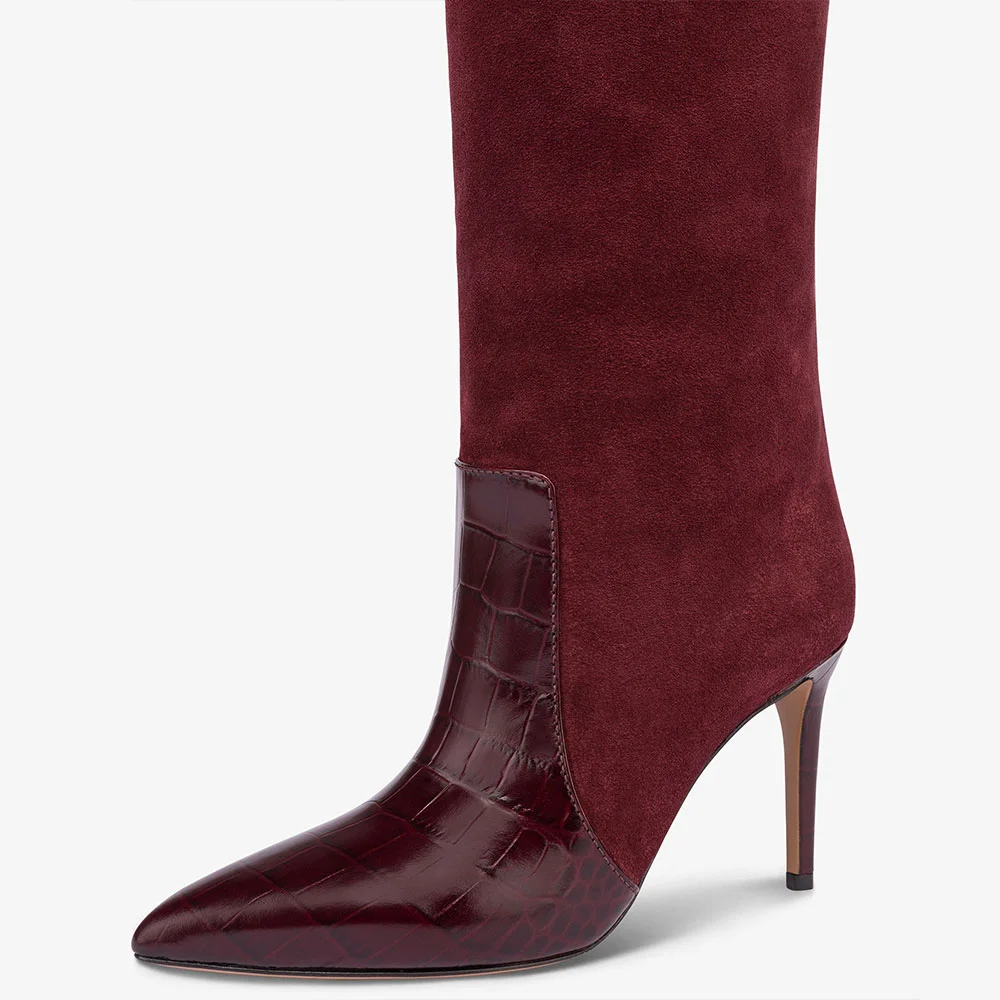 Burgundy Croco Embossed Stiletto Heel Knee High Boots for Women