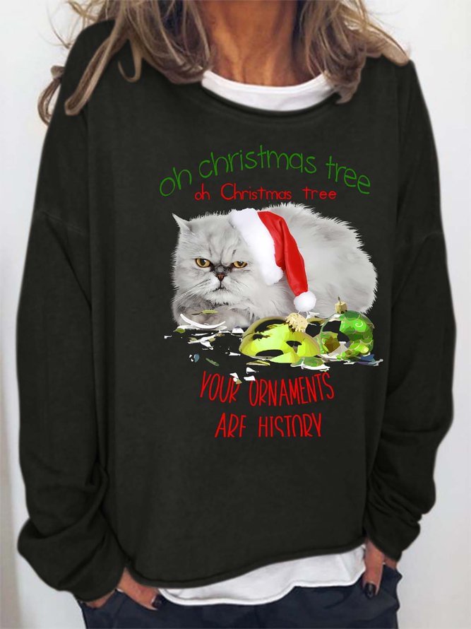 Women Oh Christmas Tree Your Ornaments Are History Cat Christmas Hat Casual Loose Sweatshirts