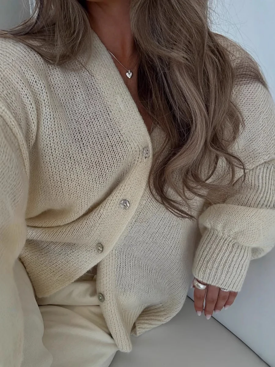 Athvotar Athvotar New Soft Horse Hair V-Neck Hollow Open Shirt Femininity Lazy Wind Buckle Lantern Sleeve Sweater Coat