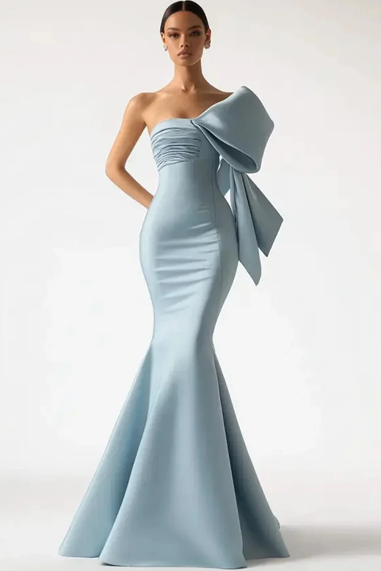 One Shoulder Chest Folds Fishtail Maxi Dress-Haze Blue [Custom-Made]