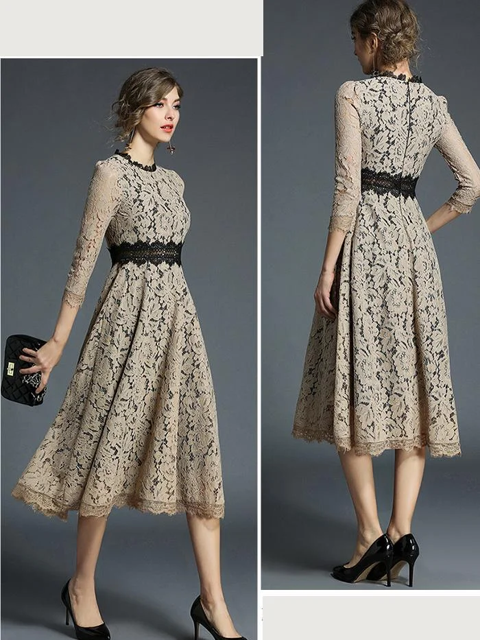 High-end boutique women's wind crochet flower hollow lace dress large swing dress