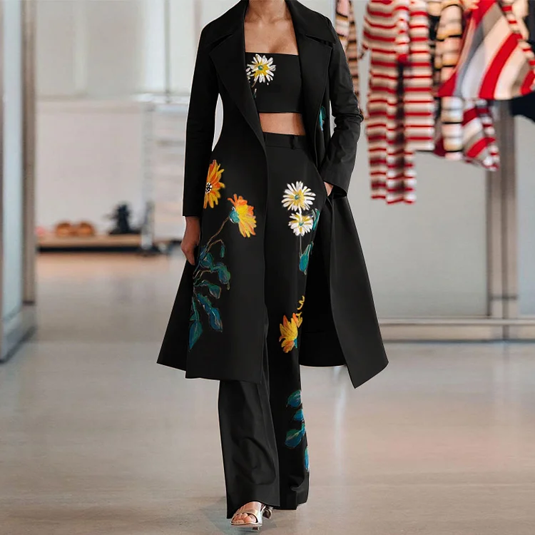 Women's Set Casual Floral Print Trench Coat, Crop Tank and Wide Leg Pants Three Piece Suit