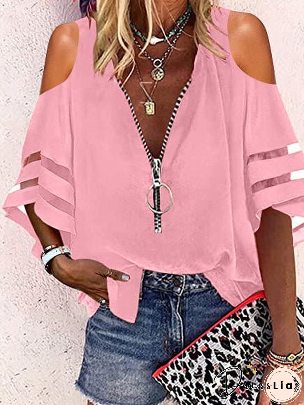 Women'S Blouses V-Neck Zip Flare Sleeves Mesh Panel Casual Blouse