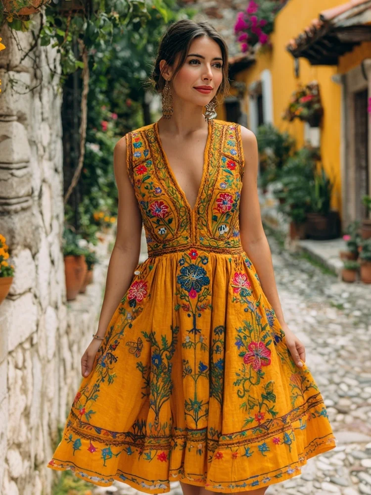 Day Of The Dead Mexican Flowers Embroidered Linen Midi Dress