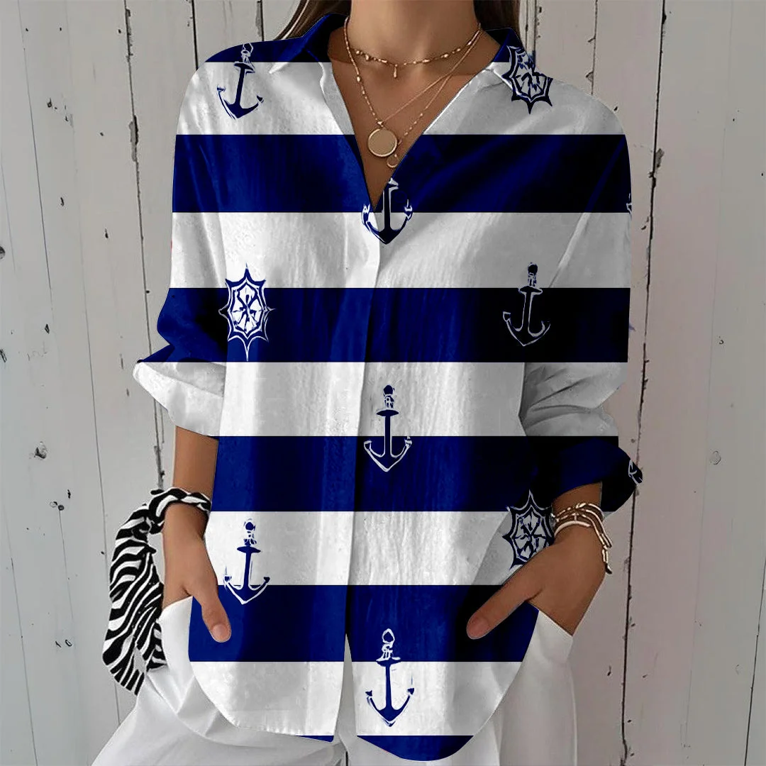 Style & Comfort for Mature Women Women Ocean, Navy Blue, Anchor DZCL0107 3/4 Sleeve Shirt Collar Printed Button Tops
