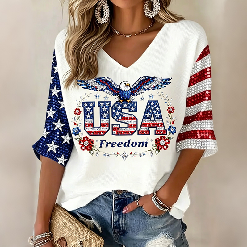  Women's Vintage Flag Art Three-quarter Sleeve V Neck Linen Tops Westsshops