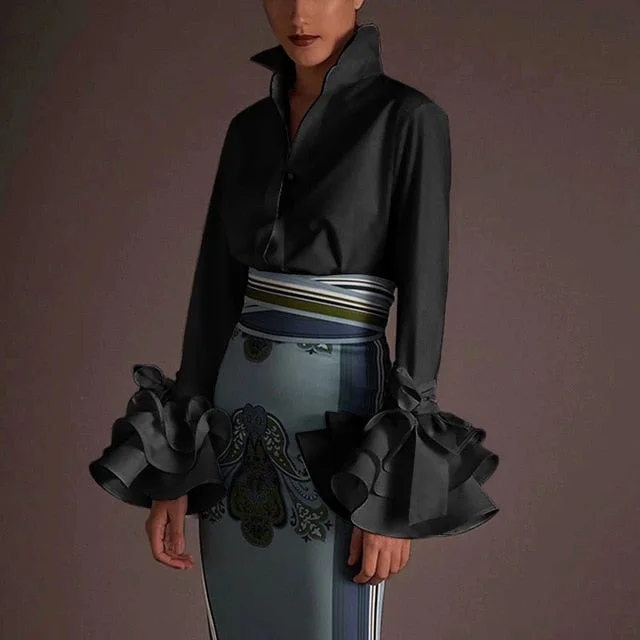 Billlnai New Women Shirts 2023 Spring Summer Sexy Turn-down Collar Flare Sleeve Party Tops Office Shirt Casual  Blusas