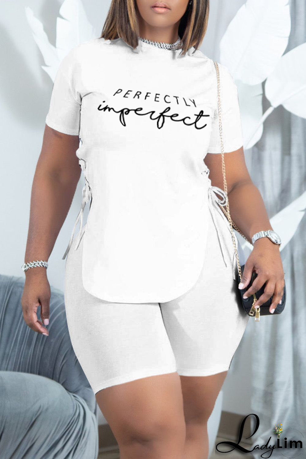 White Sexy Print Slit O Neck Short Sleeve Two Pieces