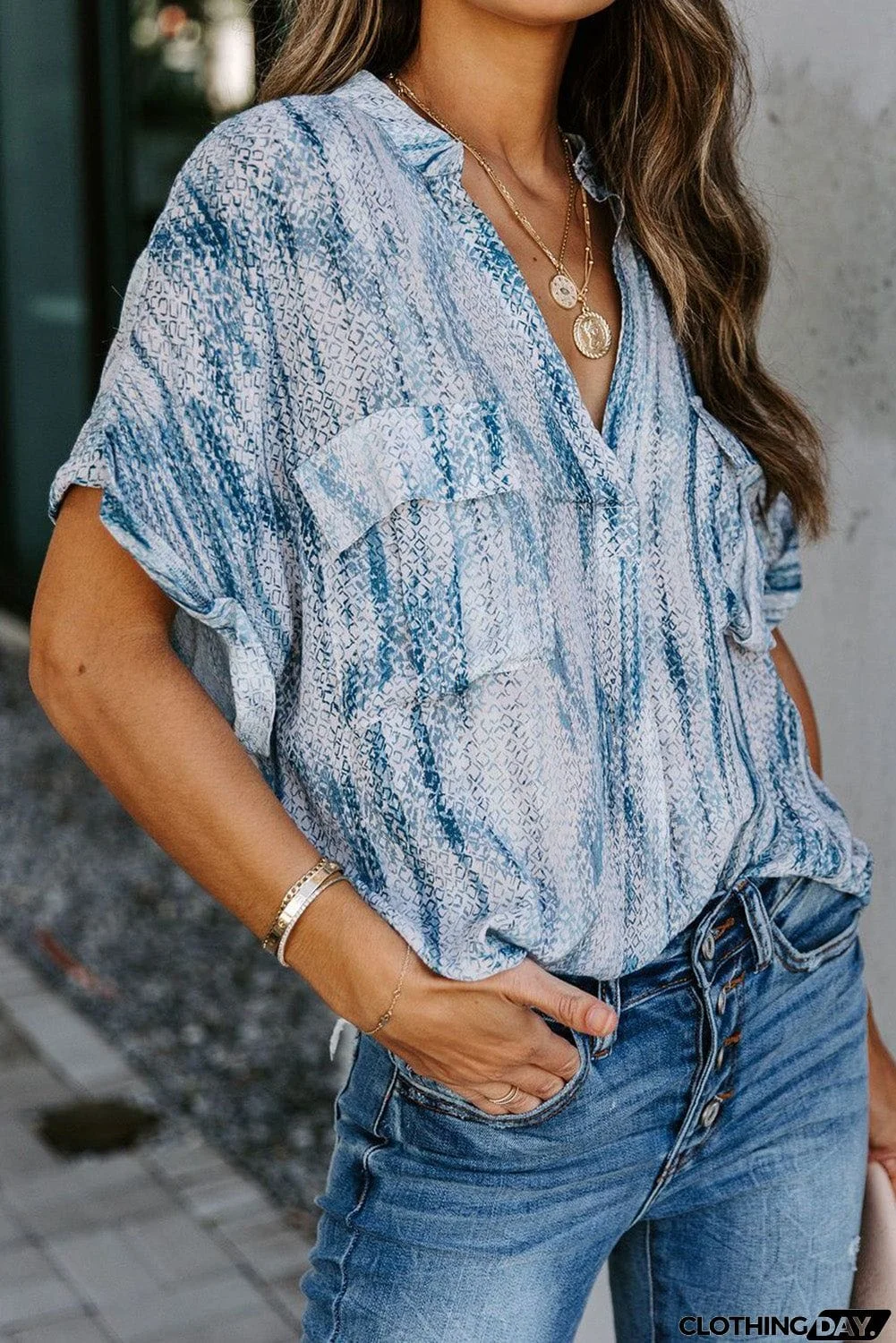 Printed Pocket Short Sleeve Blouse