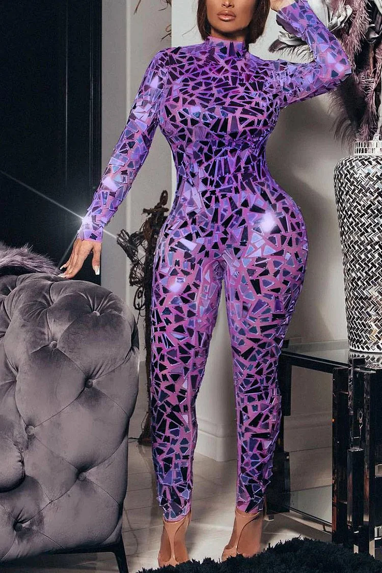 Plus Size Mirror Purple Sequin Party Long Sleeves Jumpsuits 