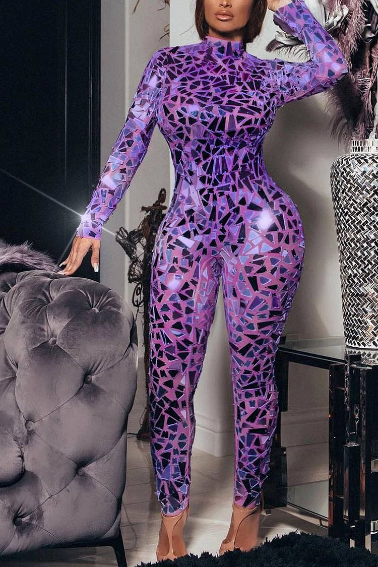Plus Size Mirror Purple Sequin Party Long Sleeves Jumpsuits [Pre-Order]