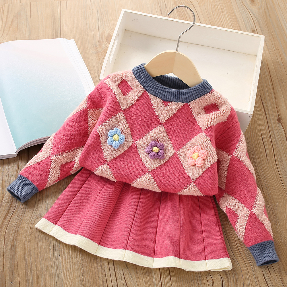 おすすめ 花 長袖  配色 セーター+スカート 女の子 子供服 幼児 2点セットアップ
