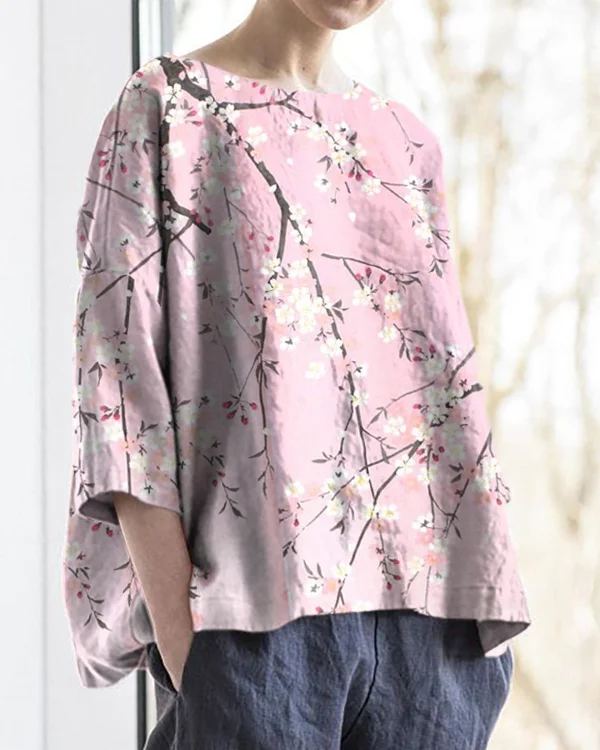 Vintage Pink Floral Print Round Neck Cotton and Linen Loose Top