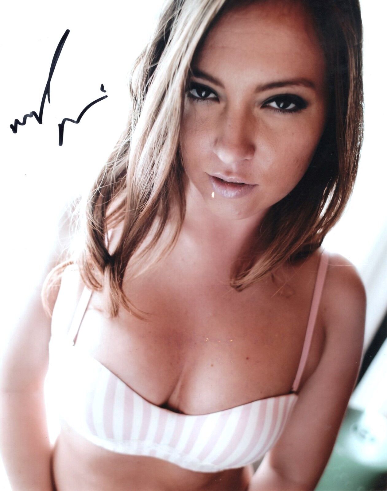 Maddy O'Reilly Close Up White Bra Signed 8x10 Photo Poster painting Adult Model COA Proof 86