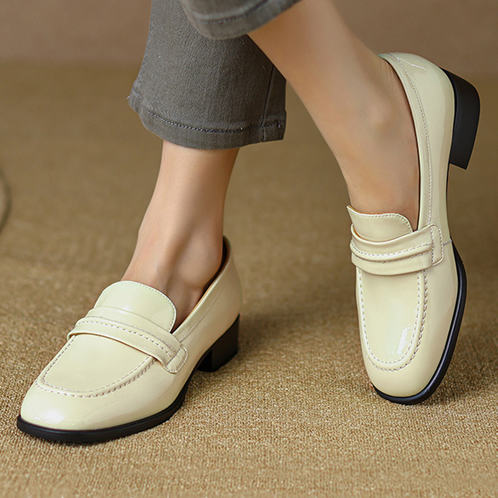 White Patent Leather Closed Toe Chunky Heel Formal Loafers Nicepairs