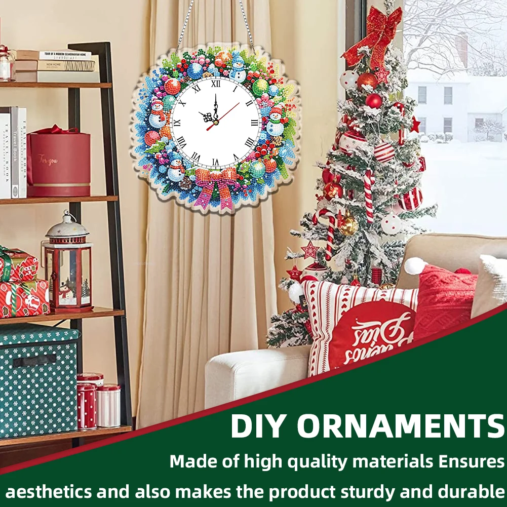 2D Flat DIY Christmas Snowman Acrylic Diamond Painting Clock Pendant Home Decor