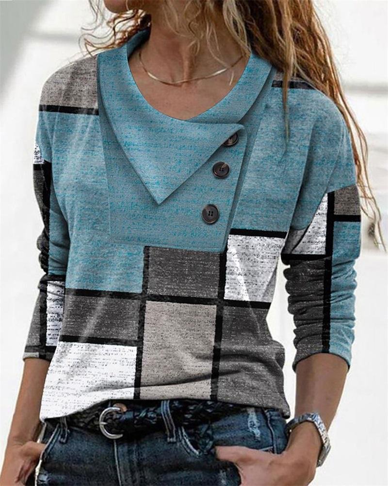 Colorblock Button Decor Long Sleeve Top