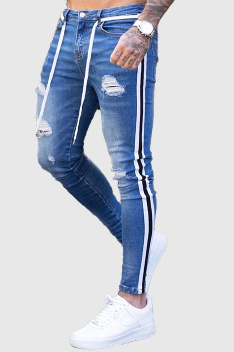 BrosWear Casual Side Striped Paneled Self-tie Cutout Jeans