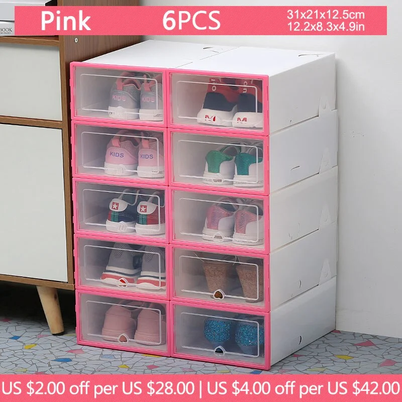 6pc Transparent shoe box storage shoe boxes thickened dustproof shoes organizer box can be superimposed combination shoe cabinet