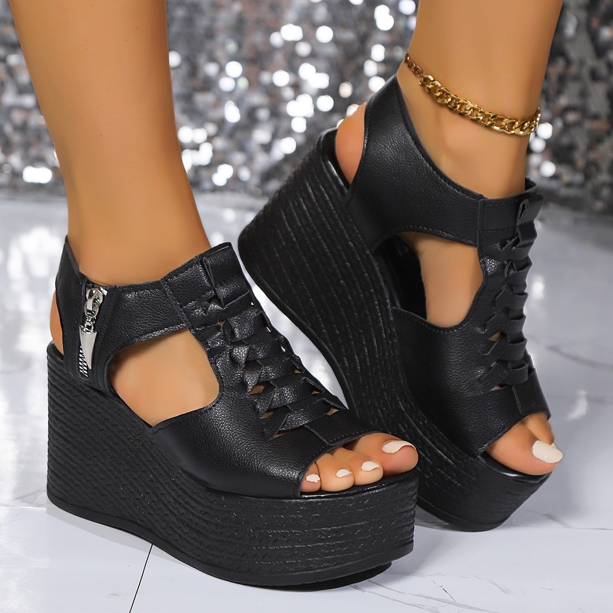 Large size sandals for women, 2025 summer new style, fish mouth high heels wedge heels, thick bottom platform cake