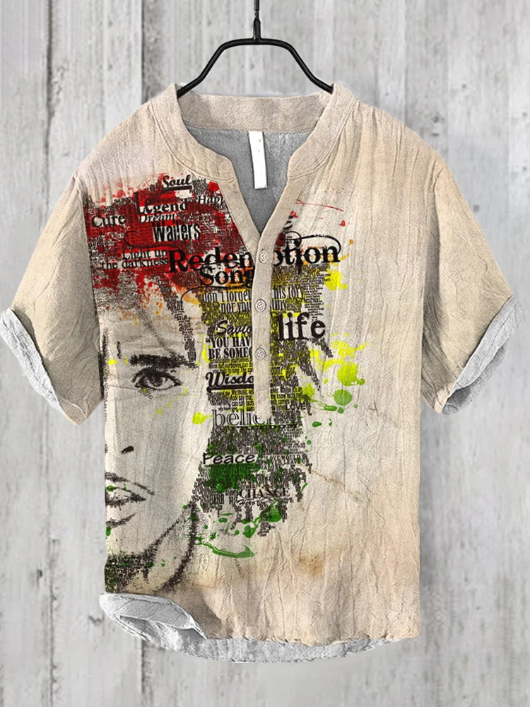 Reggae One Love Print V Neck Casual Linen Blend Shirt