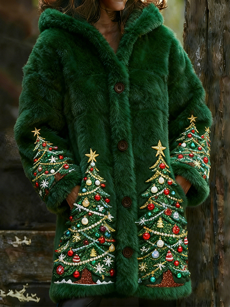 Colorful Christmas Tree Plush Long Hooded Cardigan elevenforest