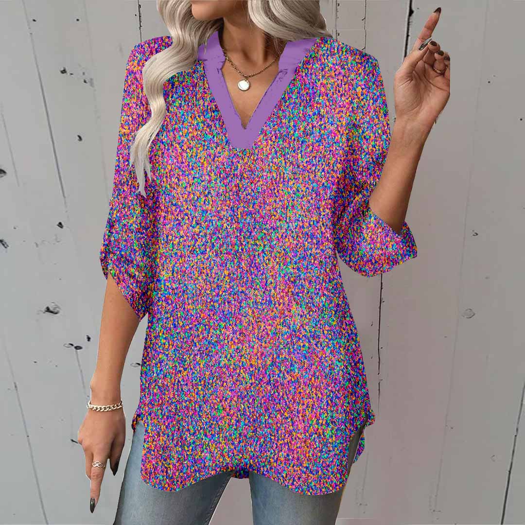 Women Red,Polka-Dot DZGA0326 3/4 Sleeve V-neck Printed Graphic Button Tops