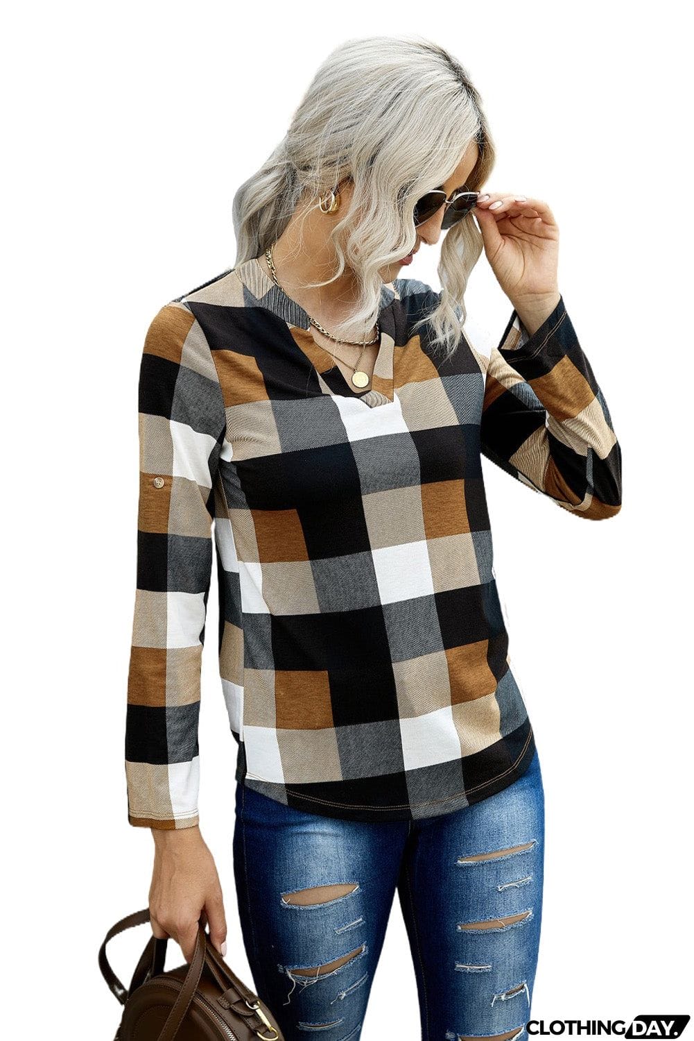 Contrast Plaid V Neck Long Sleeve Top