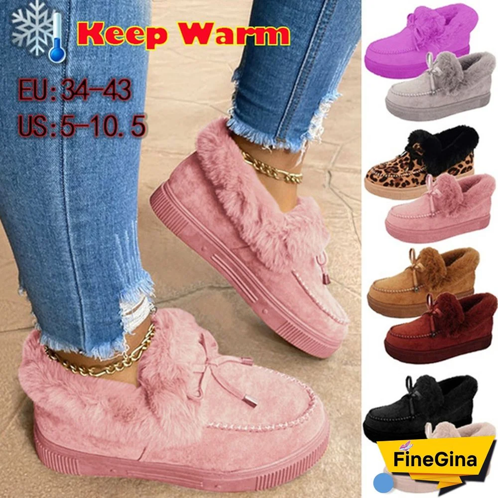 New Fashion Women Anti-Slip Platform Shoes Winter Cute Soft Faux Fur Snow Boots Casual Lightweight Suede Slippers Flat Plush Shoes