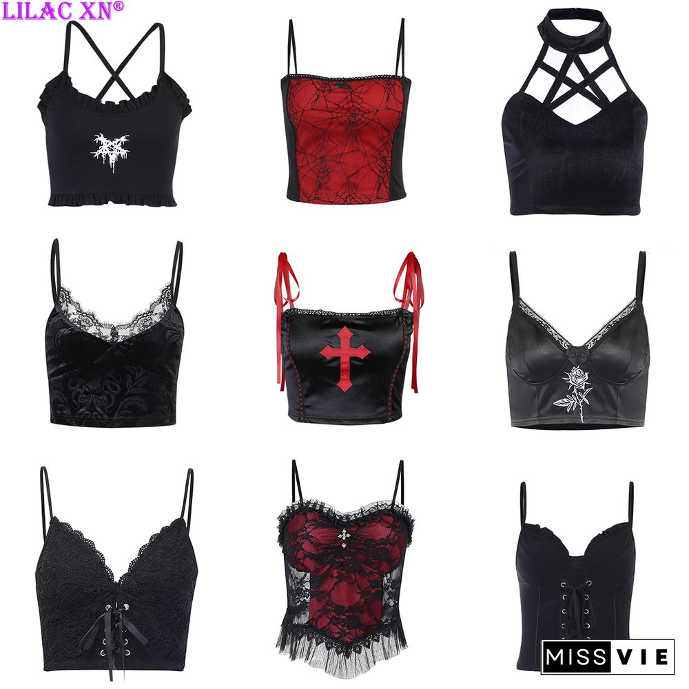 Goth Cross Print Lace Bodycon Crop Tops Camis Sexy Y2K Aesthetic Black Red Basic Corset Tank Top Summer Clothes For Women Girls